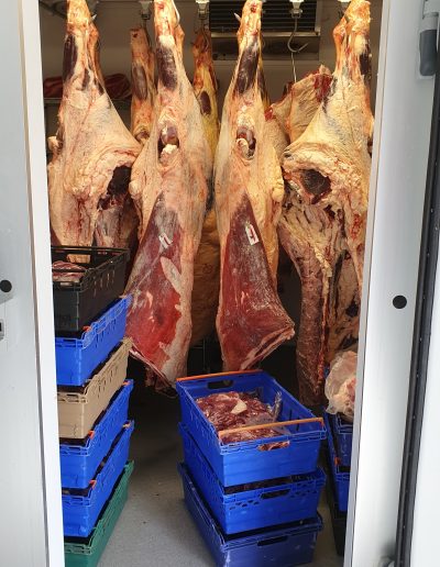Everess Farm beef hanging in the fridges