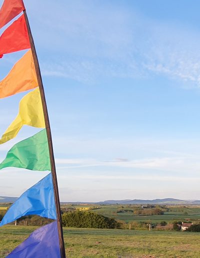 Feather flags in the foreground with the Vale view